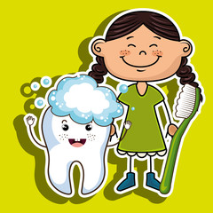 happy girl with a toothbrush and a smiling tooth