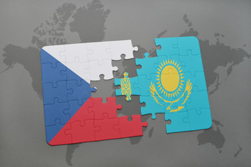 puzzle with the national flag of czech republic and kazakhstan on a world map background.