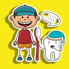 smiling cartoon child with a toothbrush and a sleepy tooth