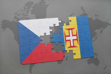 puzzle with the national flag of czech republic and madeira on a world map background.