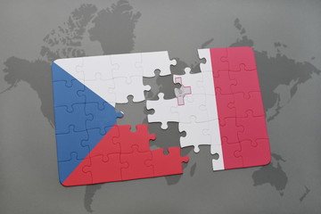 puzzle with the national flag of czech republic and malta on a world map background.