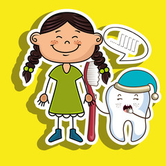 cartoon girl holding toothbrush and a cartoon sleepy tooth