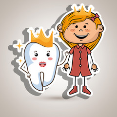 cartoon girl and tooth wering a crown over a blue background
