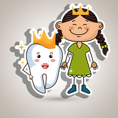 cartoon girl and tooth wering a crown over a blue background