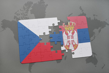 puzzle with the national flag of czech republic and serbia on a world map background.