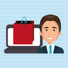 cartoon business man wearing a suit next to a laptop and shoppin