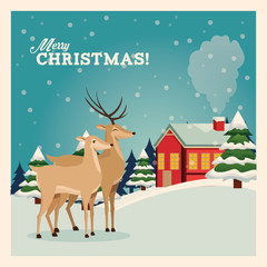 Merry Christmas concept represented by reindeer icon over landscape. Colorfull and vintage illustration inside frame.