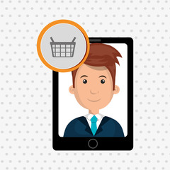 black smartphone with a cartoon business man in the screen and a