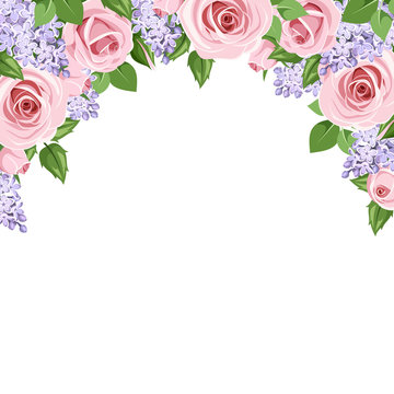 Vector background with pink roses and purple lilac flowers on a white background.