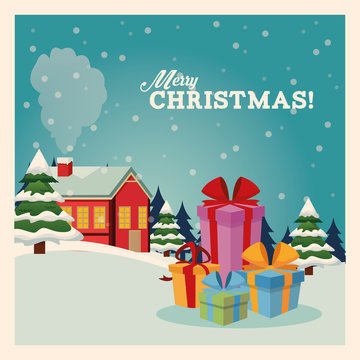 Merry Christmas concept represented by gifts icon over landscape. Colorfull and vintage illustration inside frame.