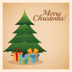 Merry Christmas concept represented by pine tree with gifts icon. Colorfull and vintage illustration inside frame.