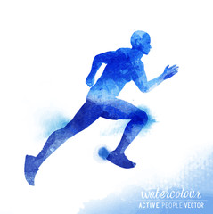 A young active man running and training- Watercolour vector illustration.