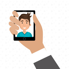 cartoon business man hand holding black smartphone with a cartoo
