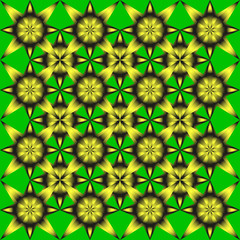 Fototapeta premium Geometric flowers. Pattern of yellow sunflowers on a green background 