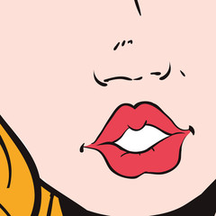 Woman mouth lips pop art female avatar person retro vintage icon. Colorfull and flat illustration. Vector graphic