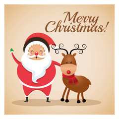Merry Christmas concept represented by santa and reindeer icon over pastel brown background. Colorfull and classic illustration inside frame.