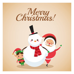 Fototapeta na wymiar Merry Christmas concept represented by snowman elf and santa icon over pastel brown background. Colorfull and classic illustration inside frame.