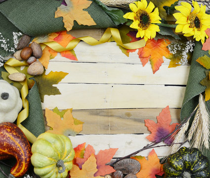 Cheerful fall or autumn border with fall leaves, nuts, sunflowers and squashes with green folded burlap and gold ribbon on a wooden background.  Colors also include orange and yellow. Copy space