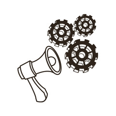 Communication concept represented by megaphone and gears icon. Black and White colors. flat and isolated illustration. 