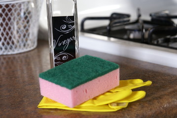 Vinegar, gloves and sponge for cleaning supplies