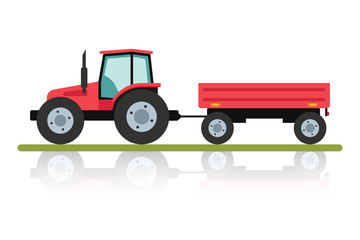 Red tractor with a trailer for transportation of large loads. Agricultural machinery in flat cartoon style isolated on white background.