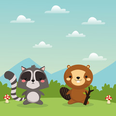 Woodland animal concept represented by cute beaver and raccoon cartoon icon over landscape. Colorfull and flat illustration. 