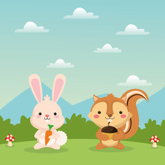 Woodland animal concept represented by cute squirrel and rabbit cartoon icon over landscape. Colorfull and flat illustration. 