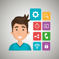 Cartoon man with media icon set, vector graphic