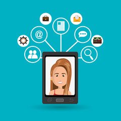 cartoon woman on smartphone screen and media icon set above vect