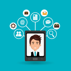 cartoon man on smartphone screen and media icon set above vector