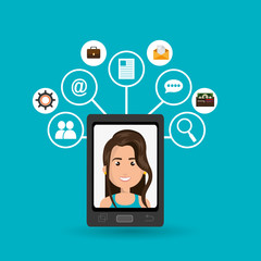 cartoon woman on smartphone screen and media icon set above vect