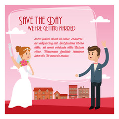 city couple cartoon girl boy man woman save the date wedding icon. Colorfull and Pink and sky background. Vector graphic