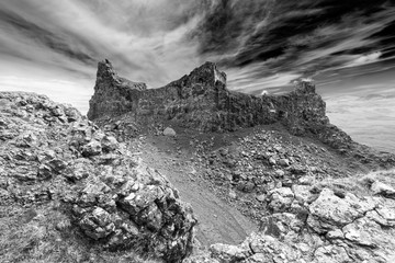 The Prison, Volcanic Rocks of the Quiraing Hill on the Isle of Skye, Black and White Edit