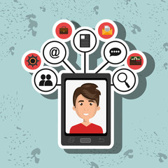 cartoon man on smartphone screen and media icon set above vector