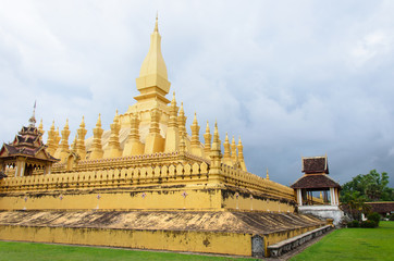 Wat Phra That Luang in Vientiane. Buddhist temple. Famous tourist destination in Asia.