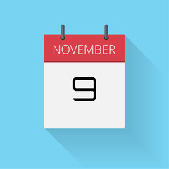 November 9, Daily calendar icon, Date and time, day, month, Holiday, Flat designed Vector Illustration