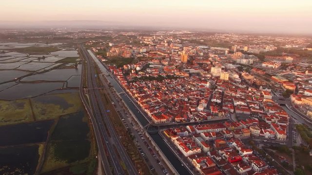 Historical salt pans in Aveiro, Portugal aerial view