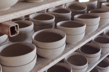Clay pottery ceramics drying before being fire