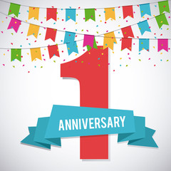 Celebrating Anniversary concept represented by 1 year number icon. Colorfull and flat illustration.