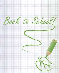 Back to school background with a green pencil and leaf, vector illustration