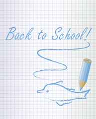Back to school background with a blue pencil and dolphin, vector illustration