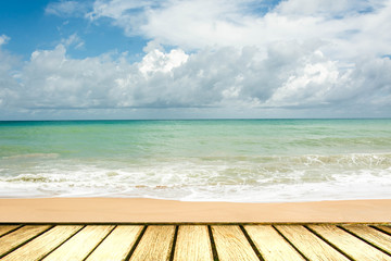 wood deck in front of sea landscape. ready for product display. textured image