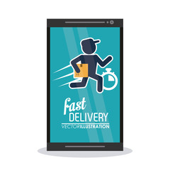 Fast Delivery and Shipping concept represented by deliver man inside smartphone icon. Colorfull and flat illustration.