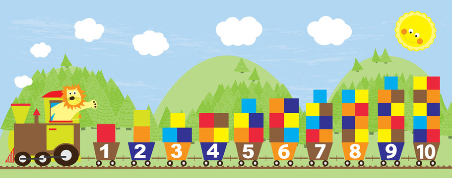 cartoon train with smiling lion, blocks and numbers 1-10 on colorful backgrounds