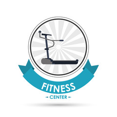 Healthy lifestyle and Fitness concept represented by running machine icon over seal stamp. Isolated and flat illustration.