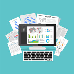 Business intelligence dashboard application. Data visualization on desktop screen.