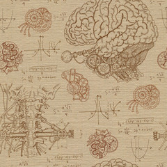 Fantasy seamless background with brain, throat and mechanisms