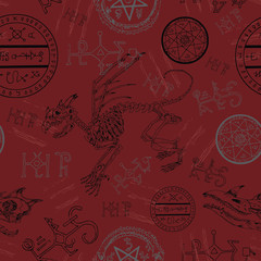 Seamless background with dragon skeleton and mystic symbols