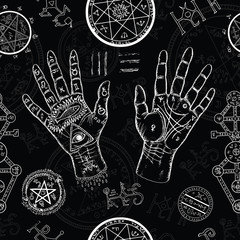 Naklejka premium Chiromancy seamless background with human hands and mystic symbols