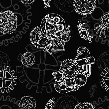 Steampunk seamless background with old mechanism and cogs on black